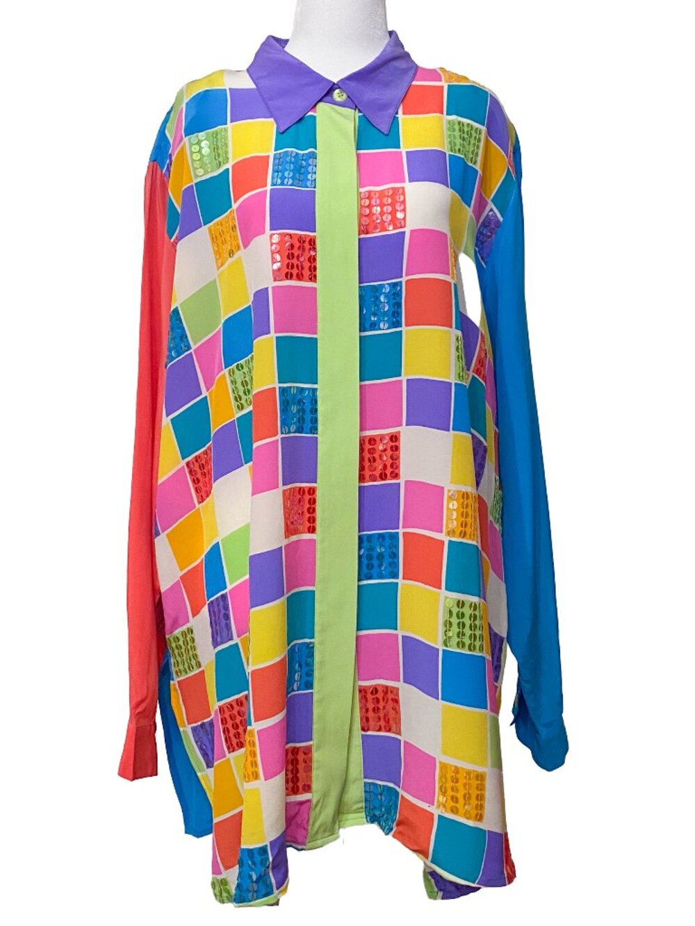 Vintage DIANE GILMAN 100% Silk Colorblock Geometric Sequin Blouse 3X Art to Wear